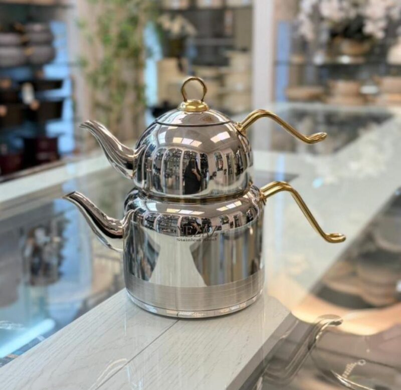 کتری قوری استیل نزاز طرح دسته طلایی - تصویر 5