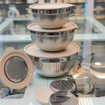 ست سه عددی کاسه استیل دربدار میکسینگ بول به همراه درب رنده ای ب