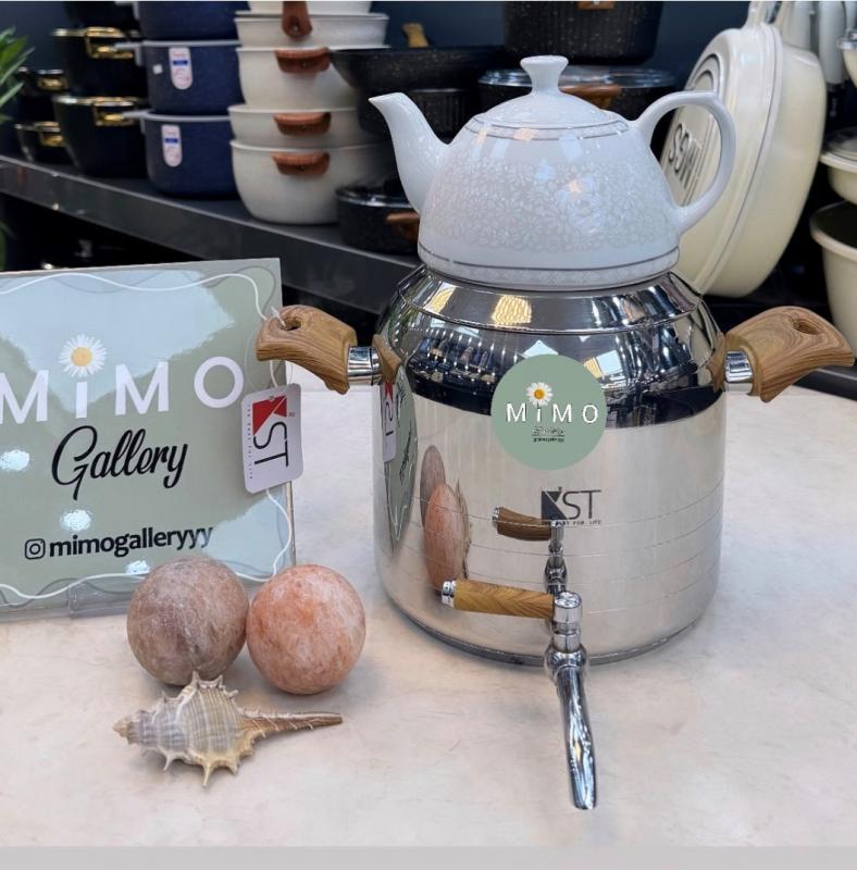 کتری قوری اسیتل KST با قوری چینی و دسته چوبی الف