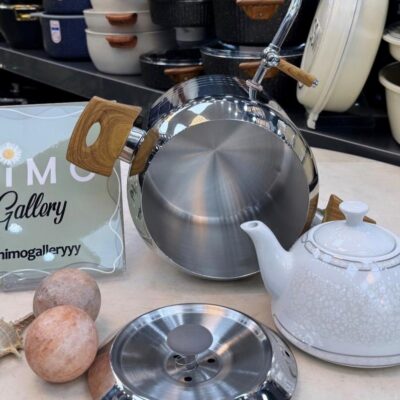 کتری قوری اسیتل KST با قوری چینی و دسته چوبی ج