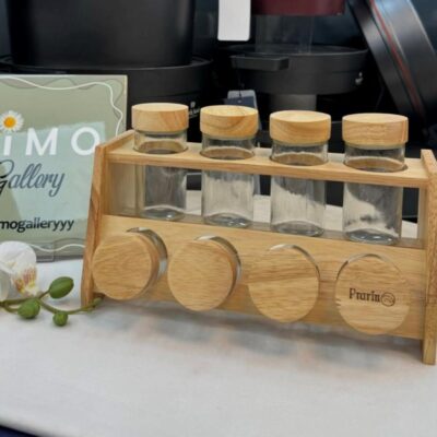 جا ادویه ای پرارینت - شیشه ای با درب چوبی (ست 8 عددی ، بهمراه استند) الف