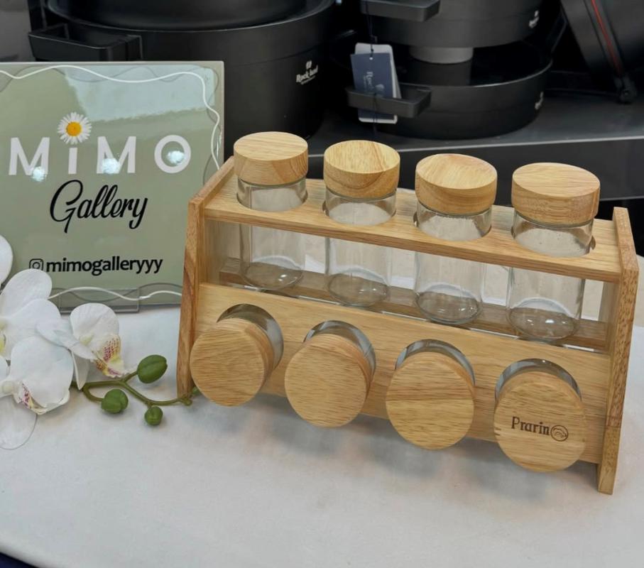 جا ادویه ای پرارینت - شیشه ای با درب چوبی (ست 8 عددی ، بهمراه استند) ه