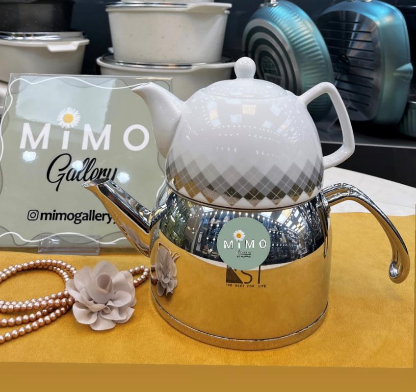 کتری قوری KST - کتری استیل با قوری چینی طرح دسته بغل ب