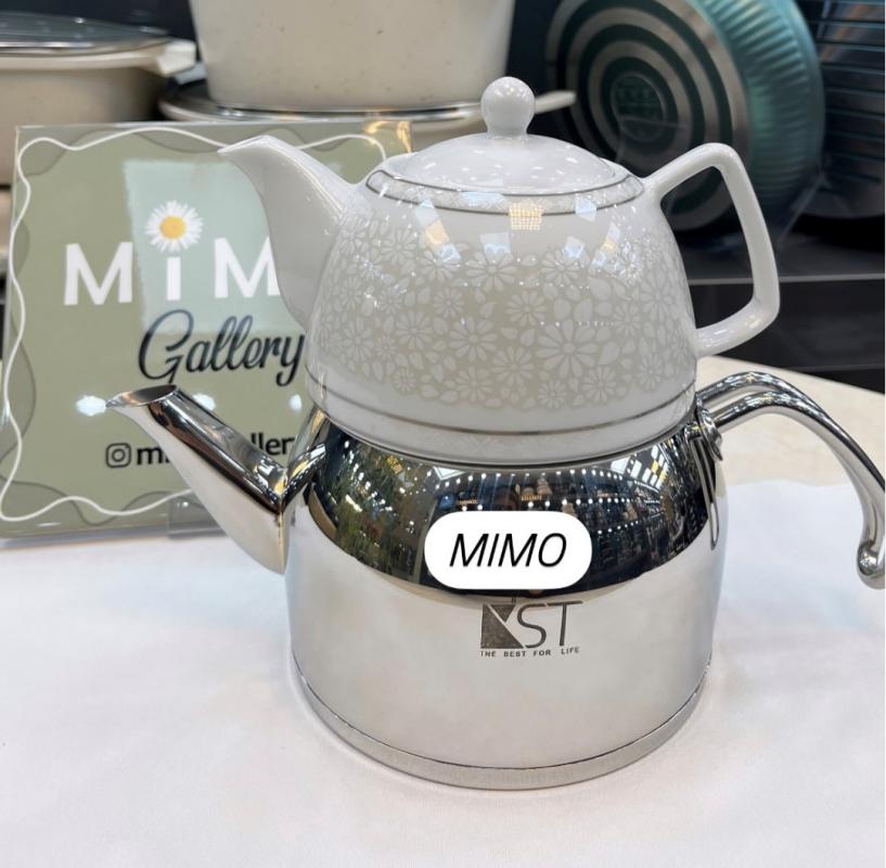 کتری قوری KST - کتری استیل با قوری چینی طرح دسته بغل ج