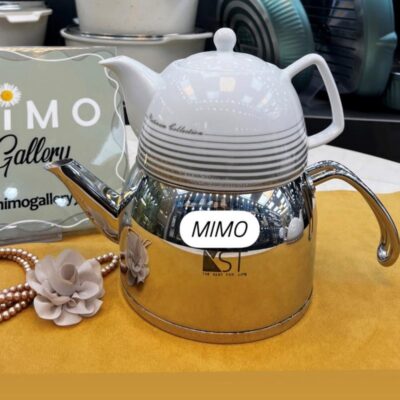 کتری قوری KST - کتری استیل با قوری چینی طرح دسته بغل الف