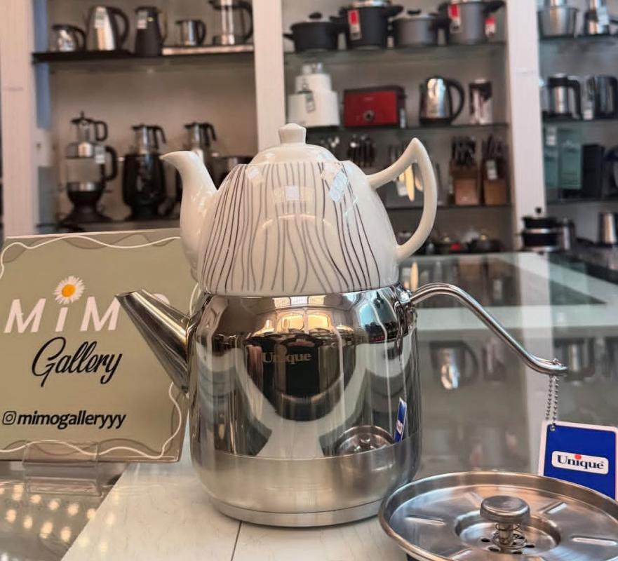 کتری قوری یونیک دسته بغل با قوری چینی و کتری استیل الف