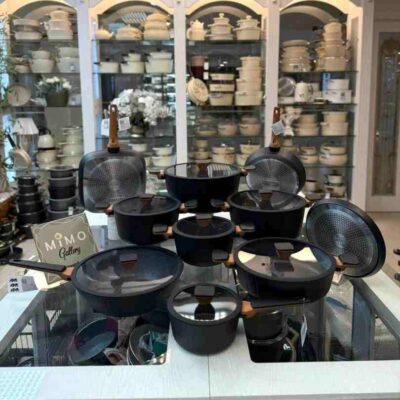 سرویس قابلمه ۱۷ پارچه برند گرای پن با دسته طرح چرم و چوب اول